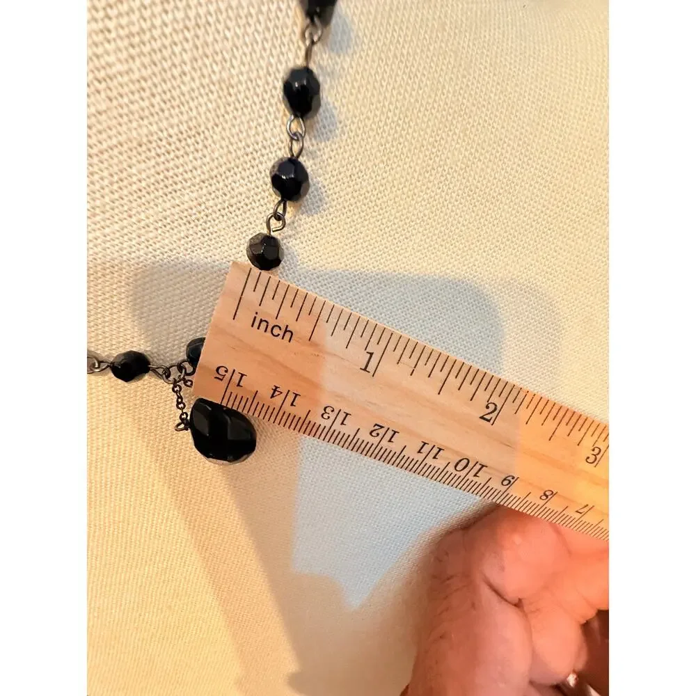Vintage Black Bead Drop Necklace 14”+3”